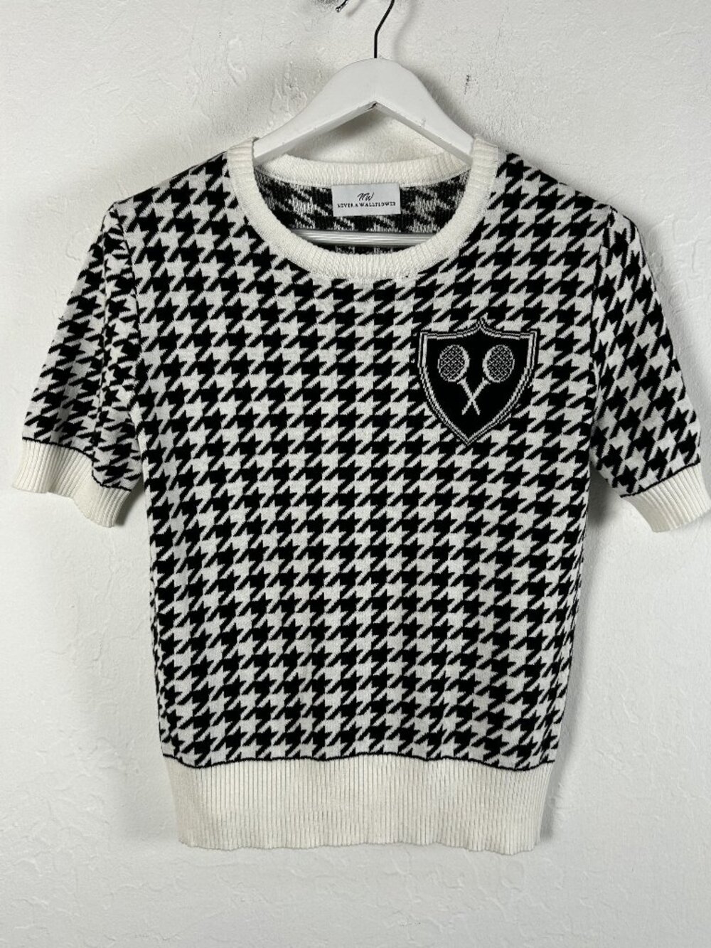 Never A Wallflower Womens Cotton Cashmere Knit Houndstooth Tennis Sweater Medium